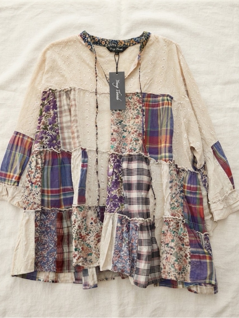 NWT Young Threads Plaid Floral Patchwork Blouse XL